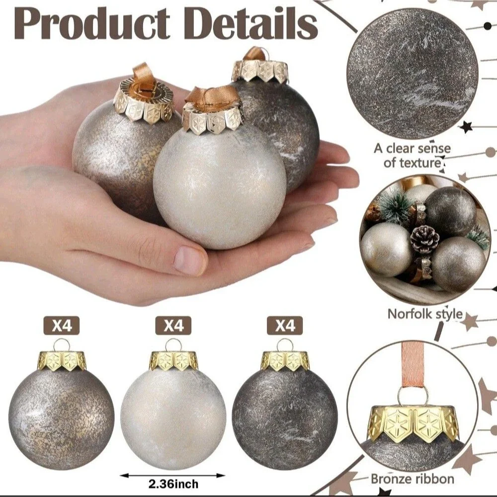 PullCrease 12 Pcs Neutral Textured Christmas Ball Ornaments 2.4 Inch